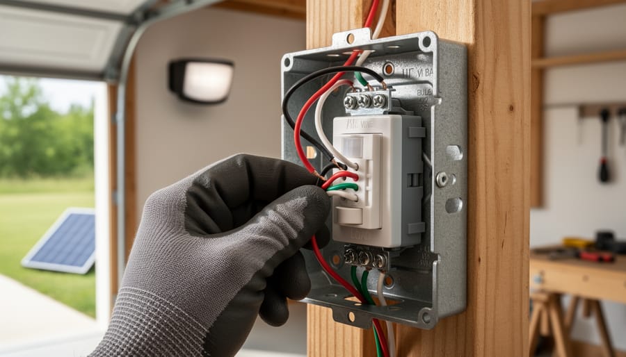 Gloved hand wiring black, red, white, and green conductors to a motion sensor wall switch in a junction box, with a blurred garage interior, motion light, and small solar panel in the background.