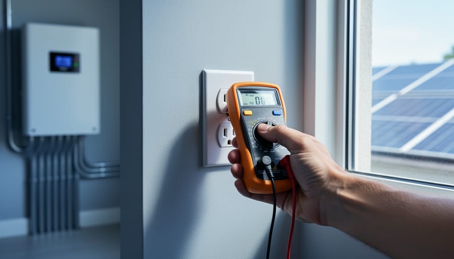 Your Multimeter Can Tell You Everything About Your Solar AC Power (Here's How) Hand holding a digital multimeter with probes in a wall outlet near a wall-mounted solar inverter, softly lit utility room with shallow depth of field.