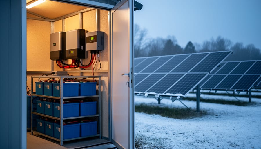 Off-grid LiFePO4 battery bank and inverter inside an insulated shed under warm lighting, door open to ground-mounted solar panels at cold dusk with light snow; unbranded equipment, no visible text.