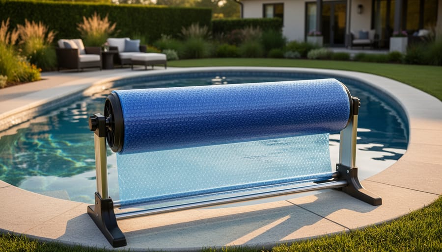 Why Your Oval Pool Needs a Solar Cover (And How to Pick the Right One) Oval backyard pool with semi-transparent blue solar cover partially rolled onto a telescoping reel in warm late-afternoon light, with softly blurred patio furniture, landscaping, and house in the background.