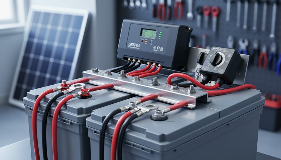 Medium close-up of two identical LiFePO4 batteries wired in parallel with thick red and black cables to a common busbar, connected to a single solar charge controller and battery isolator in a clean workshop, with a blurred solar panel and tools in the background.