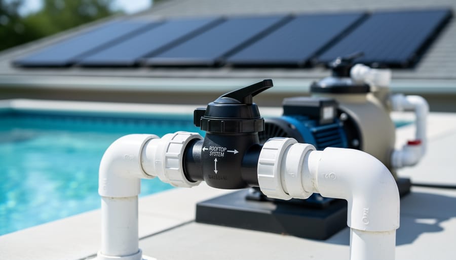 Close-up of a three-way pool valve on white PVC pipes with the handle aligned toward the solar heating route, with a blurred backyard pool, pump and filter, and rooftop solar panels in the background under soft daylight.