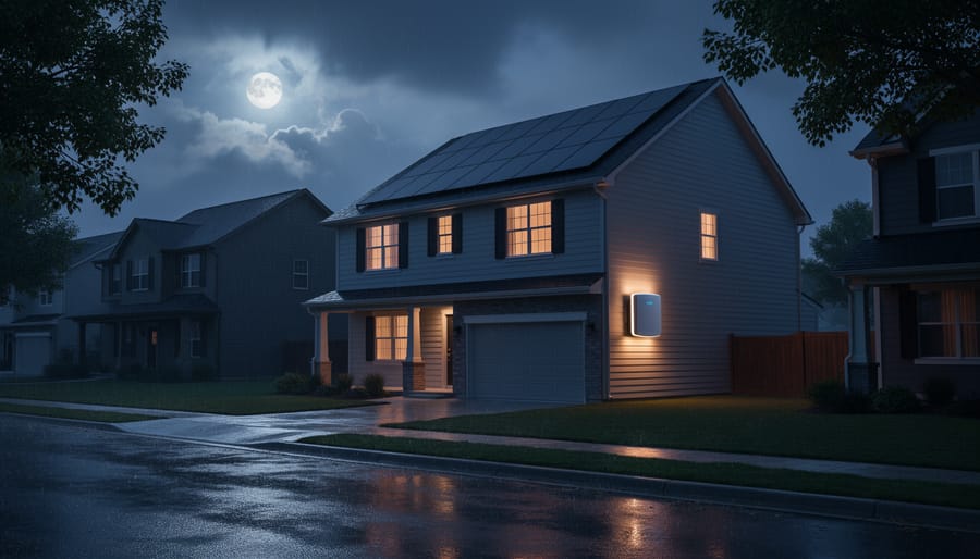Why Your Home Solar System Fails During Power Outages (And How Battery Backup Fixes It) Nighttime wide shot of a modern suburban house with rooftop solar panels and a wall-mounted home battery, warmly illuminated during a storm-induced power outage while nearby homes are dark; wet street reflects amber window light under cool blue storm clouds.