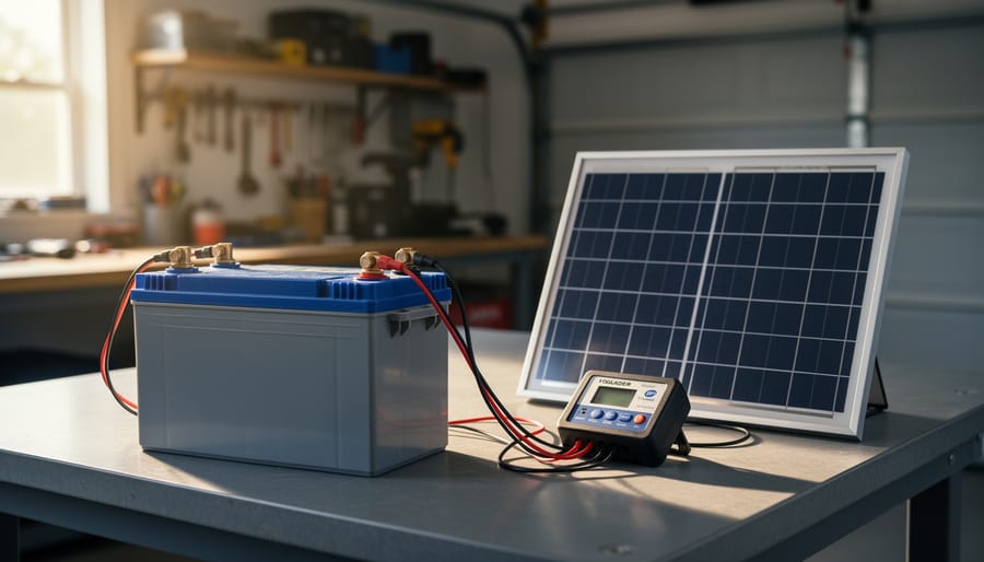Why Connecting Your Solar Panel Directly to a Battery Could Destroy Both (And What to Do Instead) Close-up of a deep-cycle 12V battery connected through a solar charge controller to a portable solar panel on a workbench, with blurred garage tools in the background.