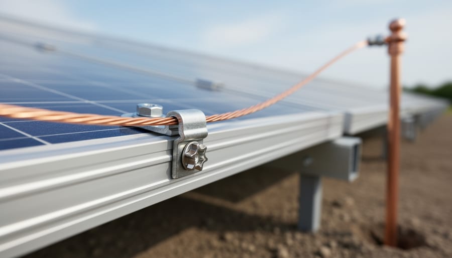 Why Your Solar Panels Need Proper Grounding (And How to Do It Right) Close-up of a copper grounding wire attached to a solar panel frame with a lug and star washer, with blurred panels and a copper-clad ground rod with acorn clamp in the background under soft daylight.