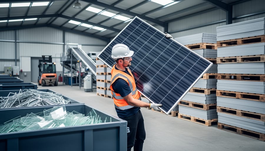 What Really Happens to Your Old Solar Panels (And Where They Go) Technician in safety vest lifting a decommissioned solar panel beside bins of separated aluminum frames and glass, with stacked used panels, a forklift, and conveyors blurred in the background of a bright recycling facility.
