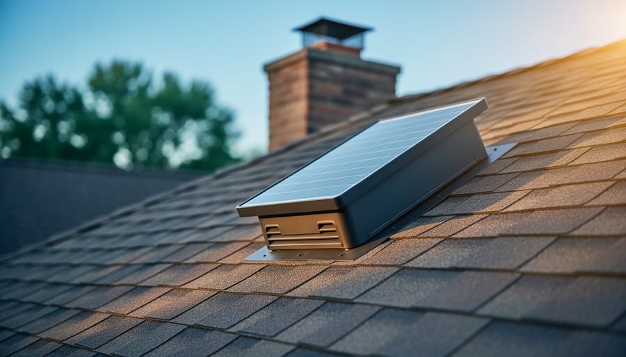 Solar-Powered Ventilation That Slashes Your Energy Bill While Keeping Your Home Fresh Solar-powered attic fan with integrated panel mounted near the roof ridge of a shingled suburban home, sunlit at golden hour with treetops and soffit vents softly blurred in the background.