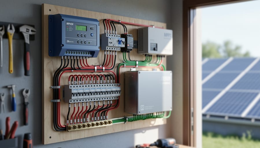 Wire Your Solar System Right the First Time (Before It Becomes a Fire Hazard) Neatly wired off-grid solar power wall with unbranded charge controller, DC breakers and fuse blocks, lithium battery bank, and inverter, using red, black, and green cables; workshop interior with rooftop solar panels visible through an open door under soft daylight.