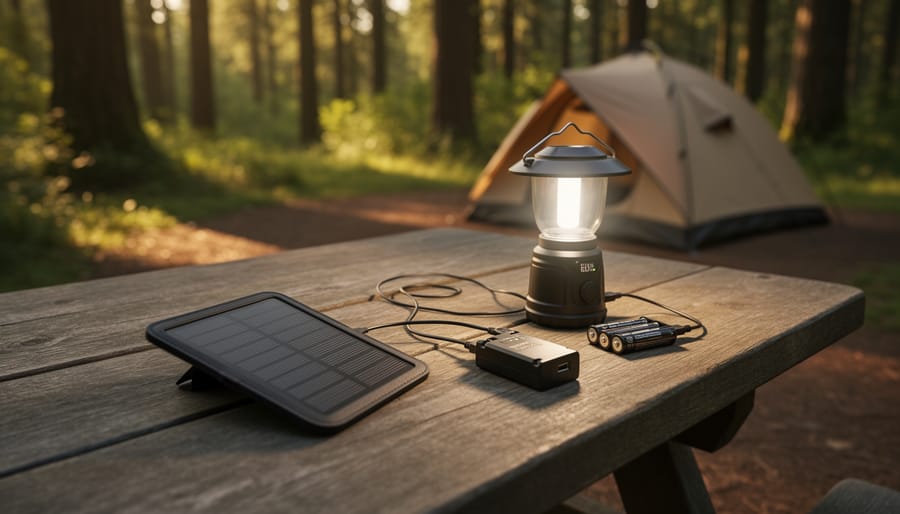 Compact 9-volt solar panel on a wooden camping table with leads powering a small LED lantern and AA battery pack, with a softly blurred tent and forest in warm evening light.