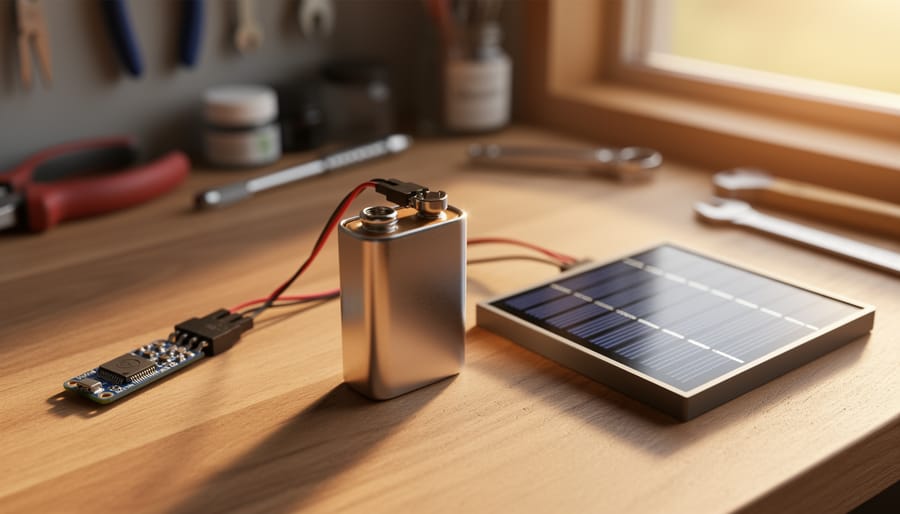 Why Your 9 Volt Battery Dies So Fast (And What It Means for Solar) Close-up 45-degree view of a 9-volt battery with snap leads beside a small solar panel and sensor module on a sunlit workbench, with tools and a window softly blurred in the background.