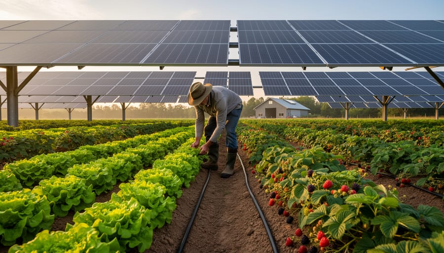 Growing Crops Under Solar Panels Actually Works (Here's Why You Should Care) Elevated solar panels above rows of lettuce and berry plants with a farmer walking beneath at golden hour, demonstrating agrivoltaics that combines crop cultivation and solar power in a rural field.