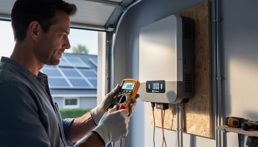 Your DIY Solar Inverter Might Be Wasting Power (Here's How to Find Out) Gloved hands using a digital multimeter on a wall-mounted solar inverter in a garage, with soft daylight and blurred rooftop solar panels and conduits in the background.