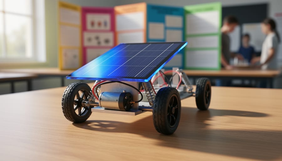 Build a Solar-Powered Car That Actually Wins Your Science Fair DIY solar-powered toy car with a small blue solar panel and alligator-clip wires on a tabletop, photographed slightly from above in natural window light, with blurred trifold science fair boards in the background.