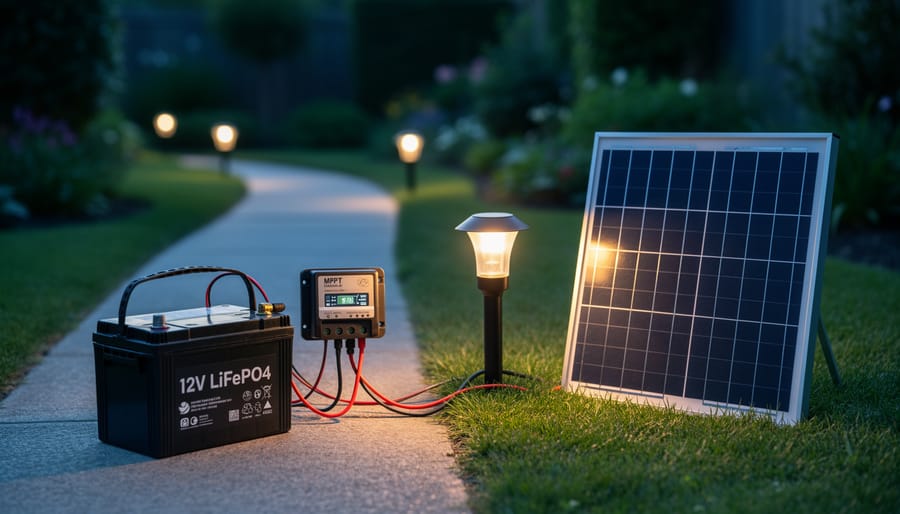 Why LFP Batteries Changed Everything About Solar Lighting (And How to Use Them Right) LiFePO4 battery connected to an MPPT charge controller and small solar panel powering a glowing pathway LED at dusk, with a softly blurred garden path and additional solar stakes in the background.