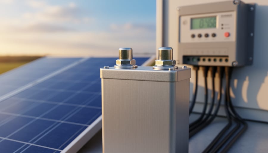 How Batteries Actually Convert Energy (And Why It Matters for Your Solar Setup) Close-up lithium iron phosphate battery cell with polished terminals next to a blue solar panel in warm side light, with a blurred charge controller and cables in the background.