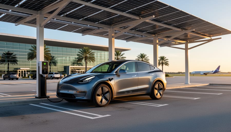 How Orlando Airport's Solar EV Charging Could Transform Your Road Trip Energy Strategy Electric SUV plugged into a charger beneath solar-panel canopies in Orlando International Airport long-term parking at sunset, with terminal building, palm trees, and a distant airplane visible in the background.