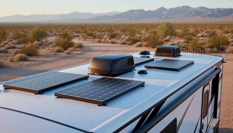 The Highest Watt Solar Panel Won't Save Your RV Setup (Here's What Actually Matters) Angled view of an RV roof with three solar panels arranged around a rooftop AC and vents in warm golden-hour light, with a blurred desert campsite and distant mountains in the background.