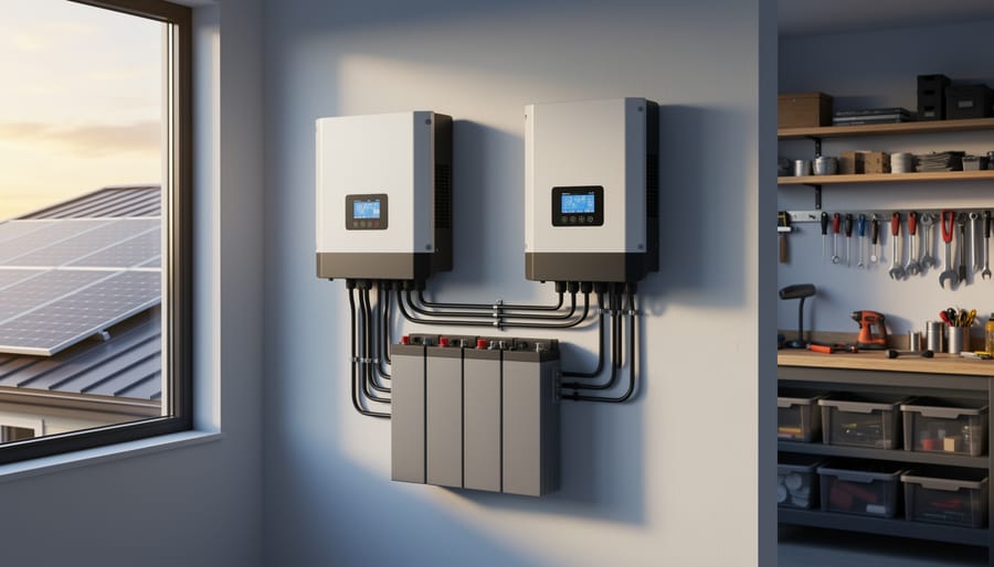 Why Your Solar Setup Needs Both a Charge Controller and Inverter (And How to Pick the Right Ones) Wall-mounted MPPT charge controller and pure sine wave inverter connected to a lithium battery bank in a tidy home utility area, with rooftop solar panels softly visible through a window in warm side light.