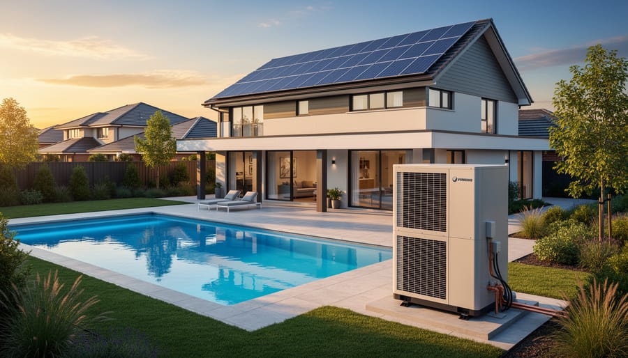Modern house with rooftop solar panels, backyard swimming pool, and a small pool heat pump on the equipment pad at golden hour, with soft landscaping in the background.