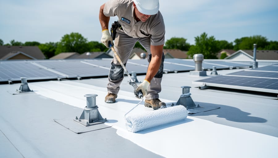 UV Roof Coating Saved My Solar Setup (And Stopped a $3,000 Leak) Contractor using a long-handled roller to apply white UV-reflective coating around rooftop solar panel mounting points on a flat garage roof, with installed panels and vent pipes in softly blurred background under overcast daylight.