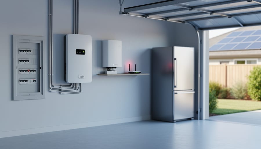 Why a 7 kWh Battery Might Be Your Solar System's Sweet Spot Wall-mounted 7 kWh lithium home battery in a residential garage next to a solar inverter and electrical panel, with a refrigerator, router, and rooftop solar visible in the softly lit background.