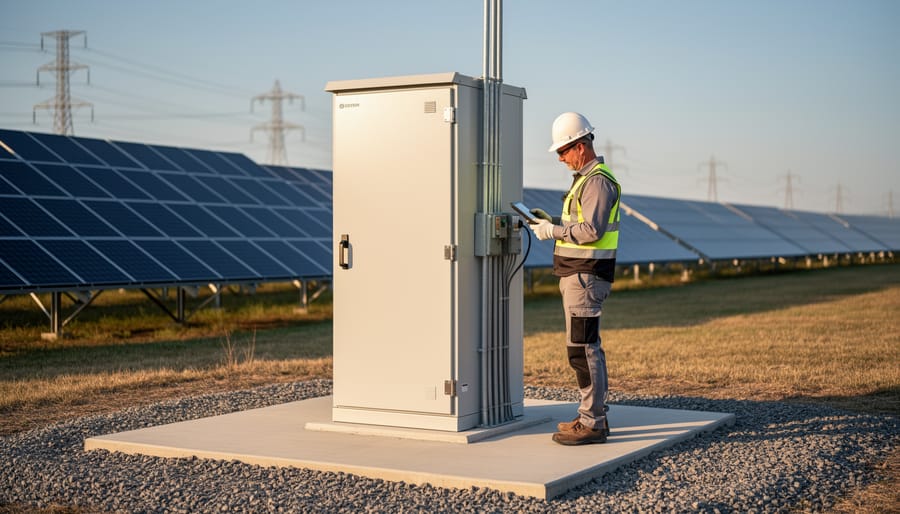 Why Your DIY Solar Project Needs a Commercial-Grade Inverter DIY installer in safety gear inspecting a large commercial solar inverter cabinet on a concrete pad beside rows of solar panels at golden hour, with softly blurred background.