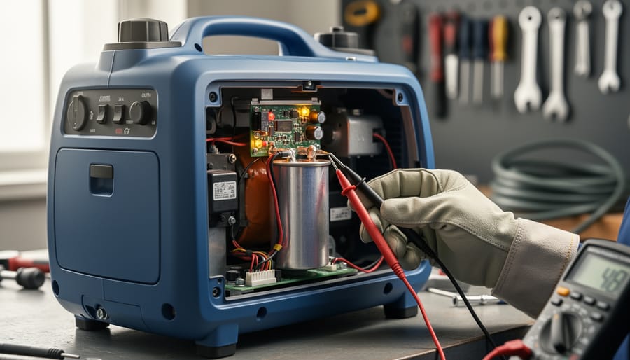 Why Your Generator Inverter Fails (And How to Fix It Yourself) Gloved hand measuring a capacitor with multimeter probes on the exposed inverter circuit board of an open portable generator, with blurred workshop tools behind.