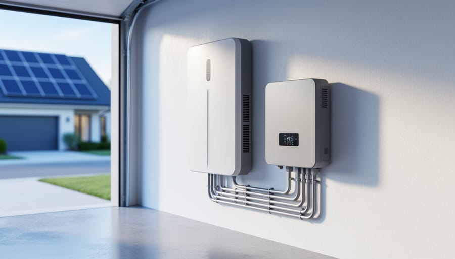 Why Your Solar Battery Dies Faster Than Expected (And How to Size It Right) Sleek wall-mounted residential solar battery with inverter and conduit in a bright garage, soft daylight, and rooftop solar panels visible through the open garage door in the background.