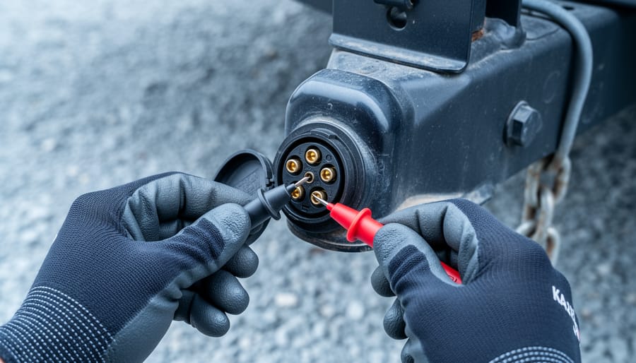 Wire Your RV Tow Vehicle the Right Way (7-Pin Connector Explained) Gloved hands use red and black multimeter probes to test the pins of a 7-way RV trailer socket on a tow vehicle hitch, with the RV trailer A-frame and safety chains softly blurred in the background.