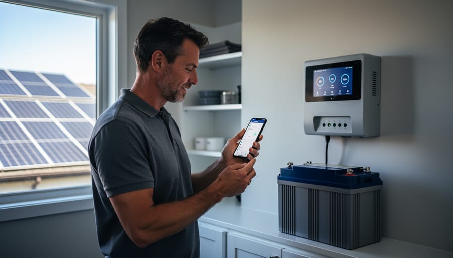 The Data Your Solar Panels Are Begging You to Track (And Why It Matters) Homeowner in a utility room checking solar performance on a smartphone next to a wall-mounted charge controller and stacked lithium battery bank, with sunlit rooftop panels visible through a window.