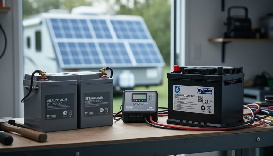 AGM vs. Lead Acid Batteries: Which Is Better for Your Solar Setup? Close view of sealed AGM and flooded lead-acid deep-cycle batteries on a workbench near a solar charge controller, with solar panel context in the background.