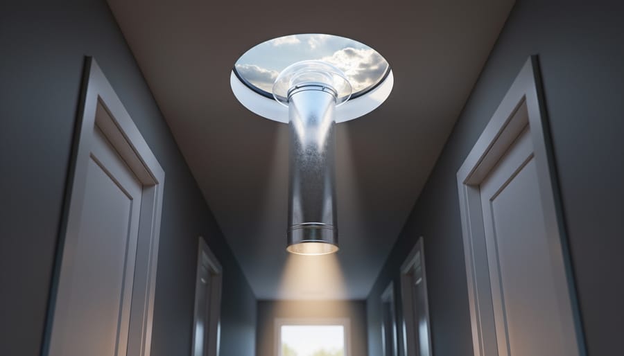 How to Make DIY Solar Tubes for Free Natural Lighting in Your Home Reflective aluminum solar tube with clear dome installed through a roof opening, shining natural daylight into a dark hallway interior.