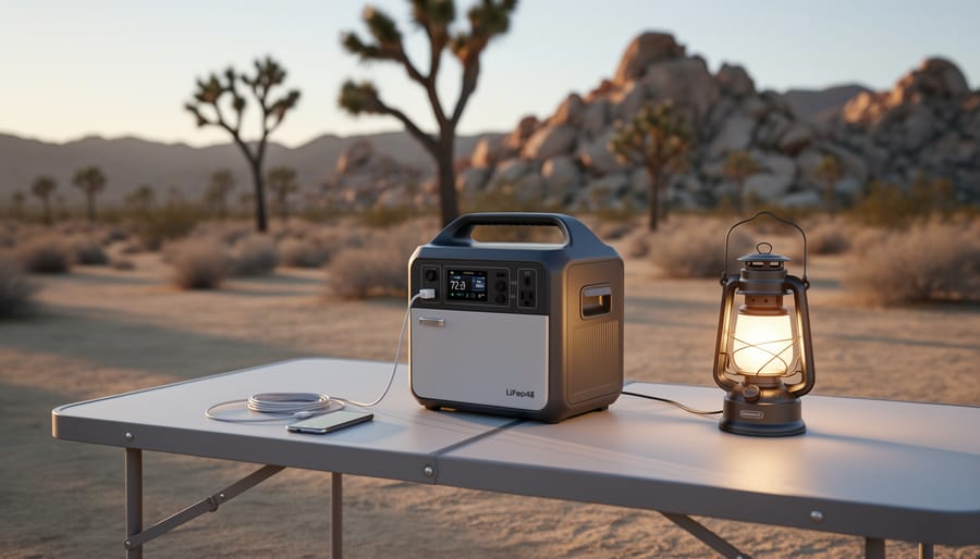 Your Portable Power Station Won't Last as Long as You Think (Here's Why) Portable power station on a camping table in the desert powering a portable fridge, phone charging cable, and LED lights near Joshua Tree.