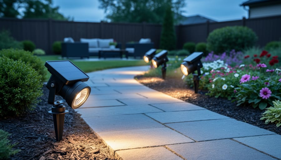 6 Best Solar Spot Lights of 2026, Tested and Reviewed Solar motion sensor spotlights shining downward along a backyard pathway and garden bed at dusk.