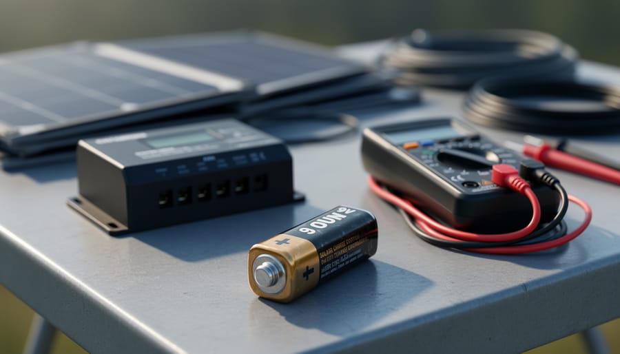 Close-up of a 9V battery on a workbench next to a solar charge controller and a multimeter, illustrating battery capacity considerations for off-grid solar projects.