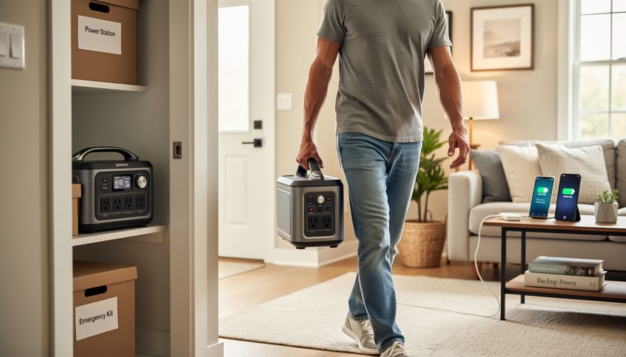 Anker C1000 Gen 2-style portable power station being carried from a garage into a home interior for backup use.