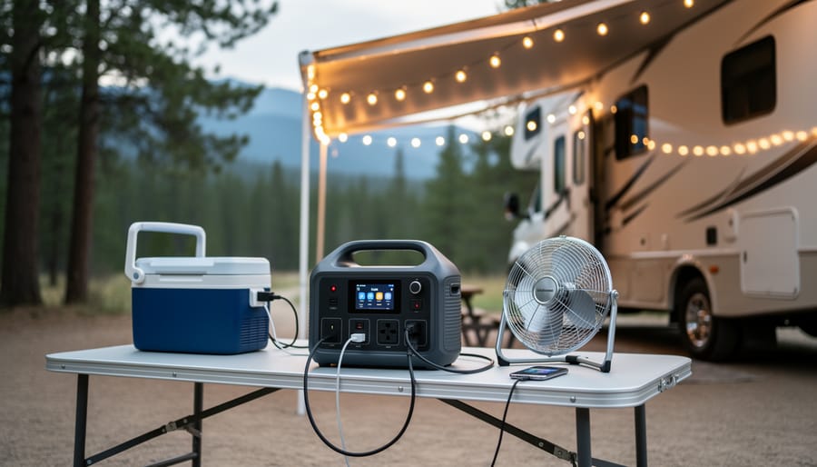 Portable power station powering an RV LED light at an outdoor campsite