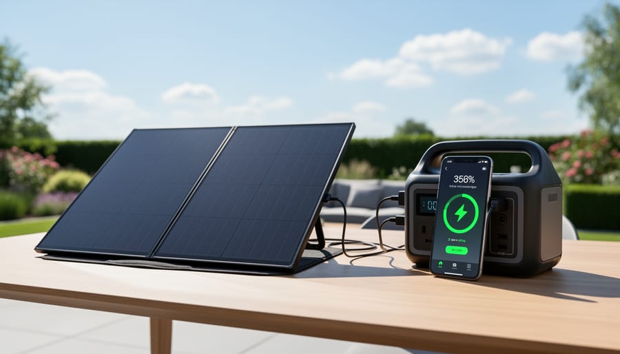 Portable power station charging from solar panels beside an RV