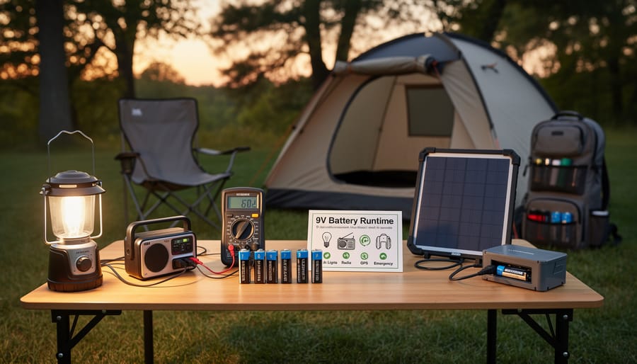 Camping devices like an LED lantern and small radio used during dusk with a solar panel in the background