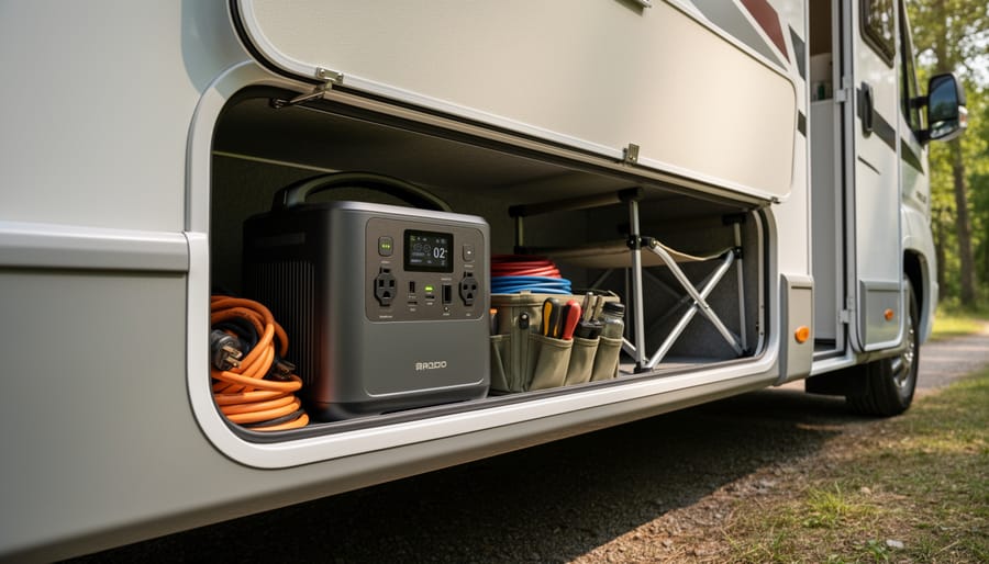 Compact portable power station stored in a small RV storage compartment