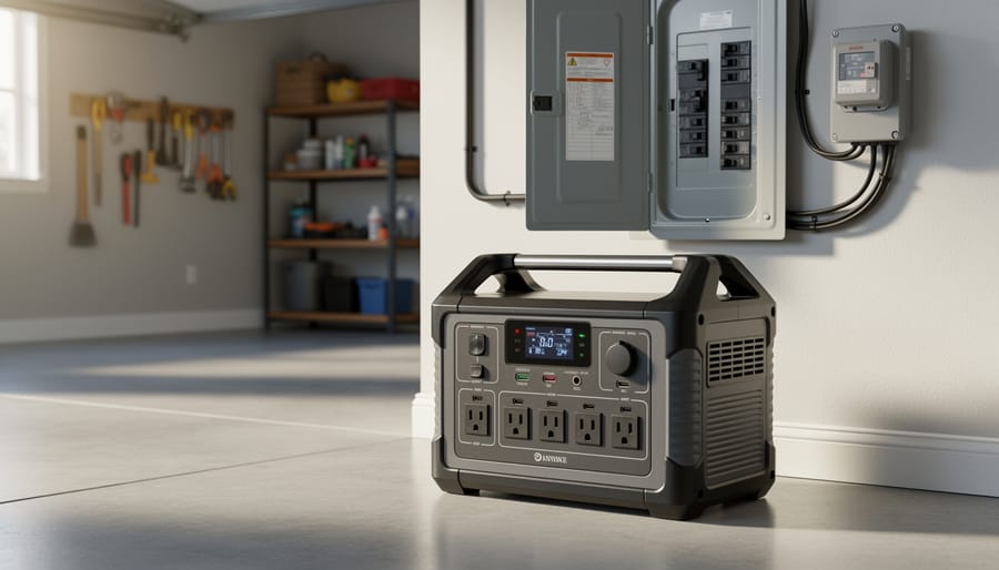 EcoFlow DELTA Pro Ultra-style portable power station placed in a garage near a breaker panel area for whole-home backup.