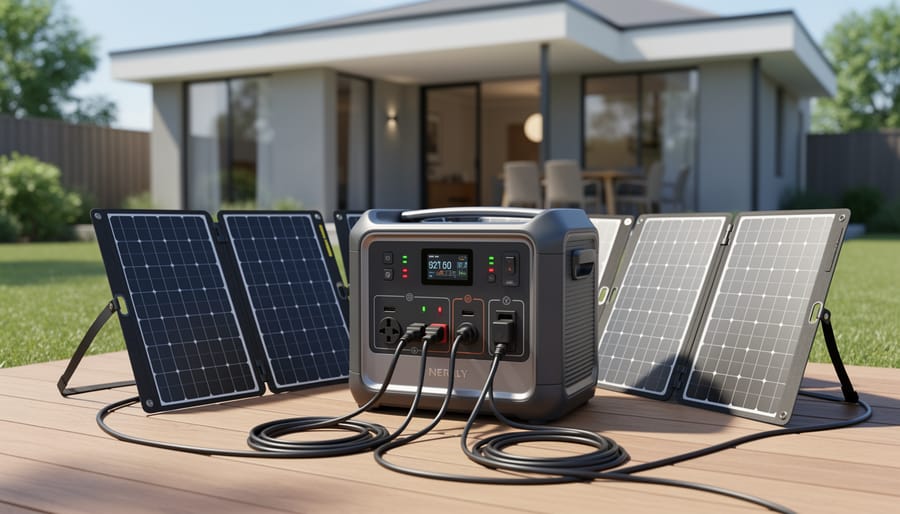 Growatt HELIOS 3600 portable power station connected to solar panels with MC4-style connectors in golden hour light.