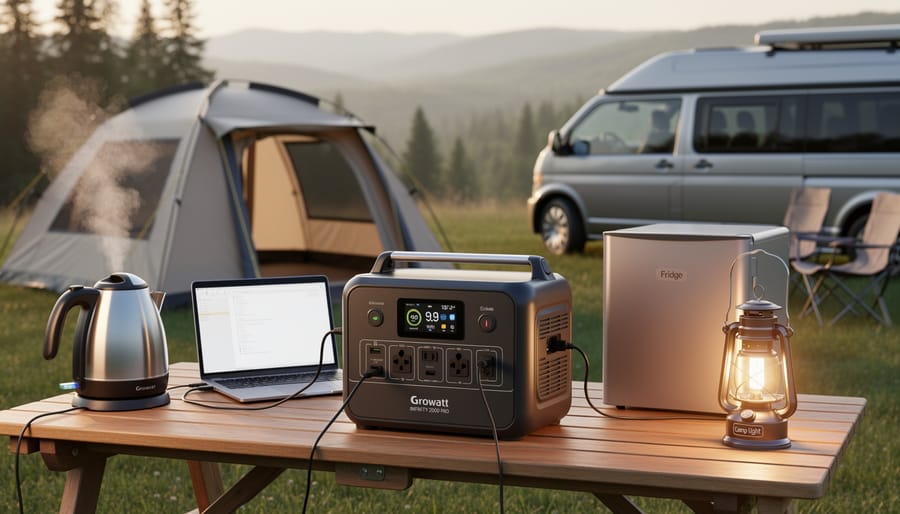 Growatt INFINITY 2000 PRO portable power station in a boondocking RV campsite