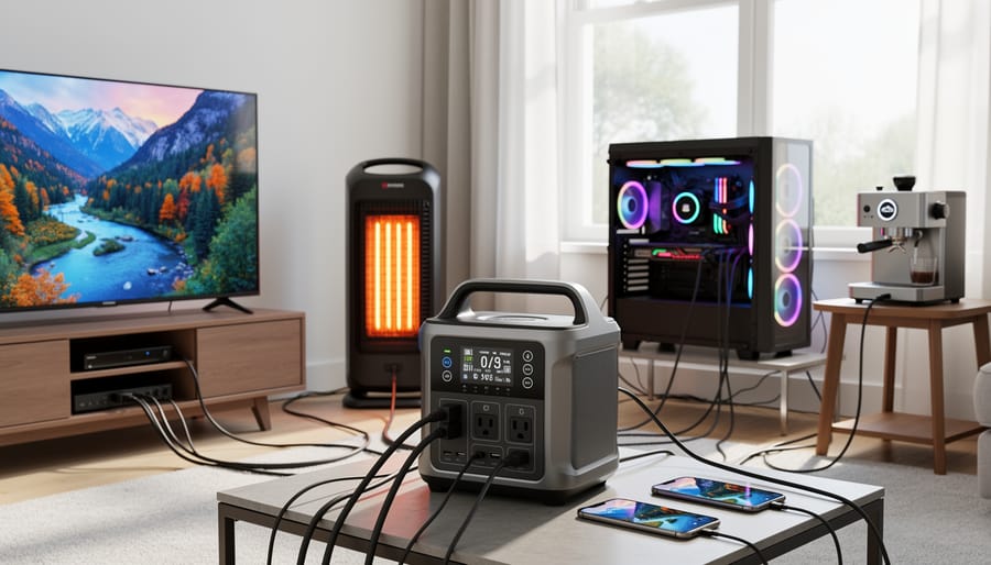 High-output portable power station running a microwave or induction appliance near an RV