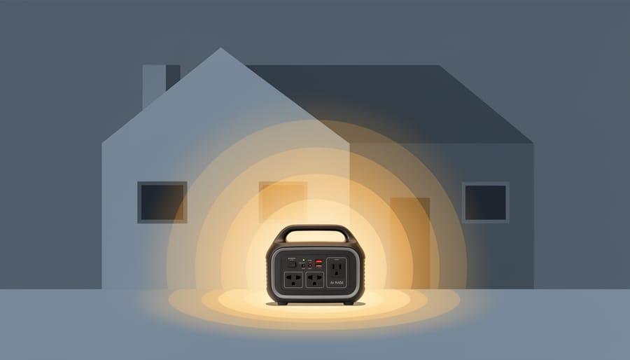 Living room scene with soft emergency lighting provided by a portable power station during a power outage simulation.