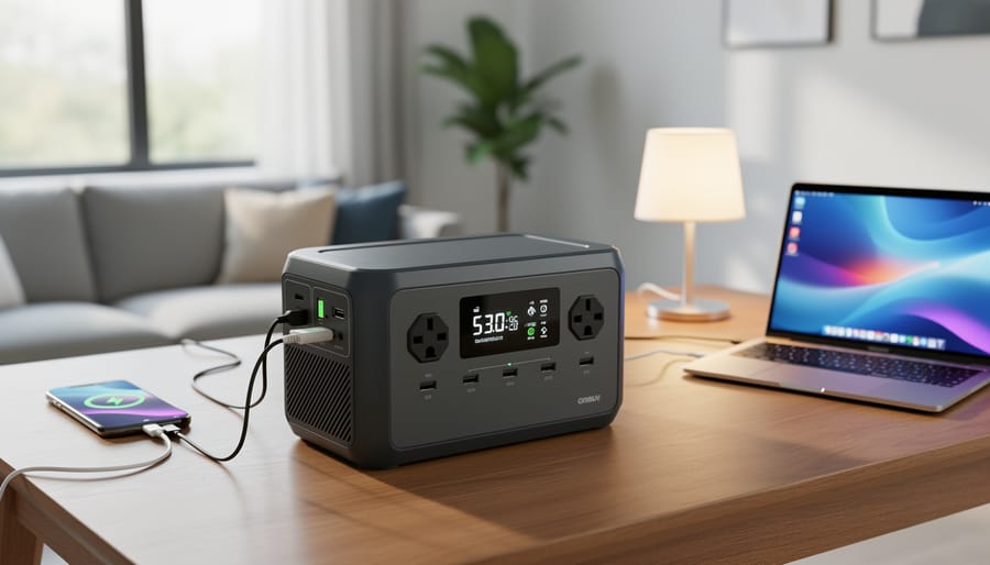 Jackery Explorer 1000 v2-style portable power station charging a phone and powering an essential device indoors.