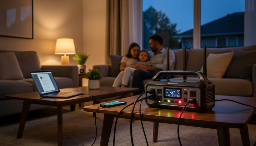 Jackery Explorer 2000 v2-style power station powering a router and LED lights on an outdoor patio setup.