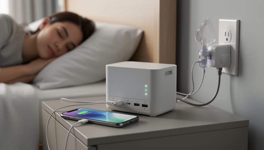 Jackery Explorer 300-style portable power station on a bedside table charging a smartphone during an emergency.