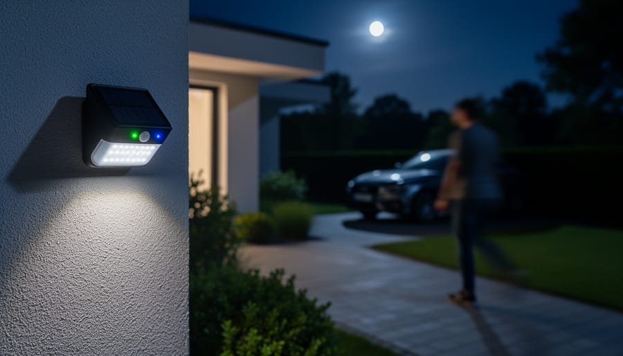 JD solar sensor light glowing on a walkway during twilight to indicate proper operation