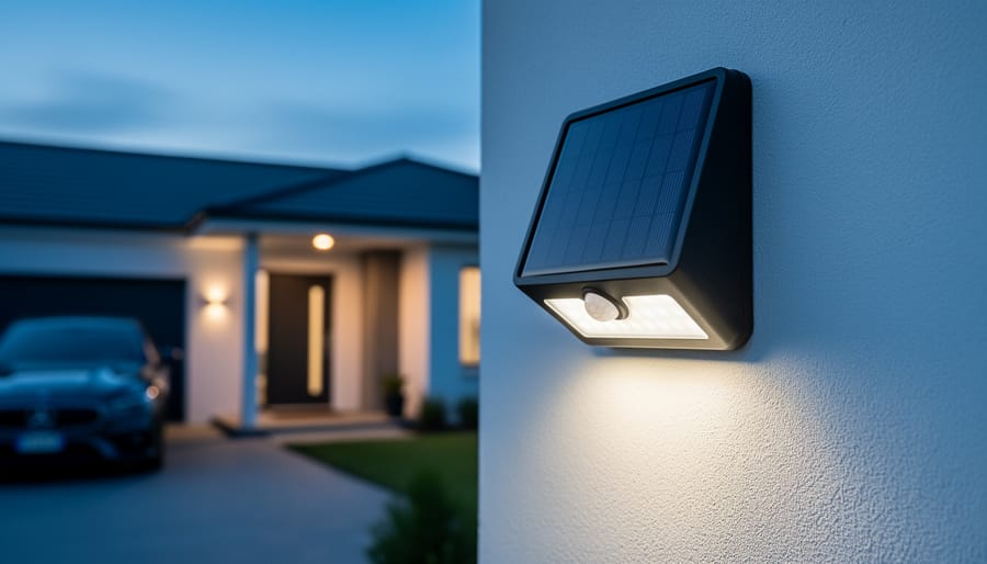 Close-up of a JD solar sensor light mounted on a home exterior with the solar panel and motion sensor visible, glowing softly at dusk.